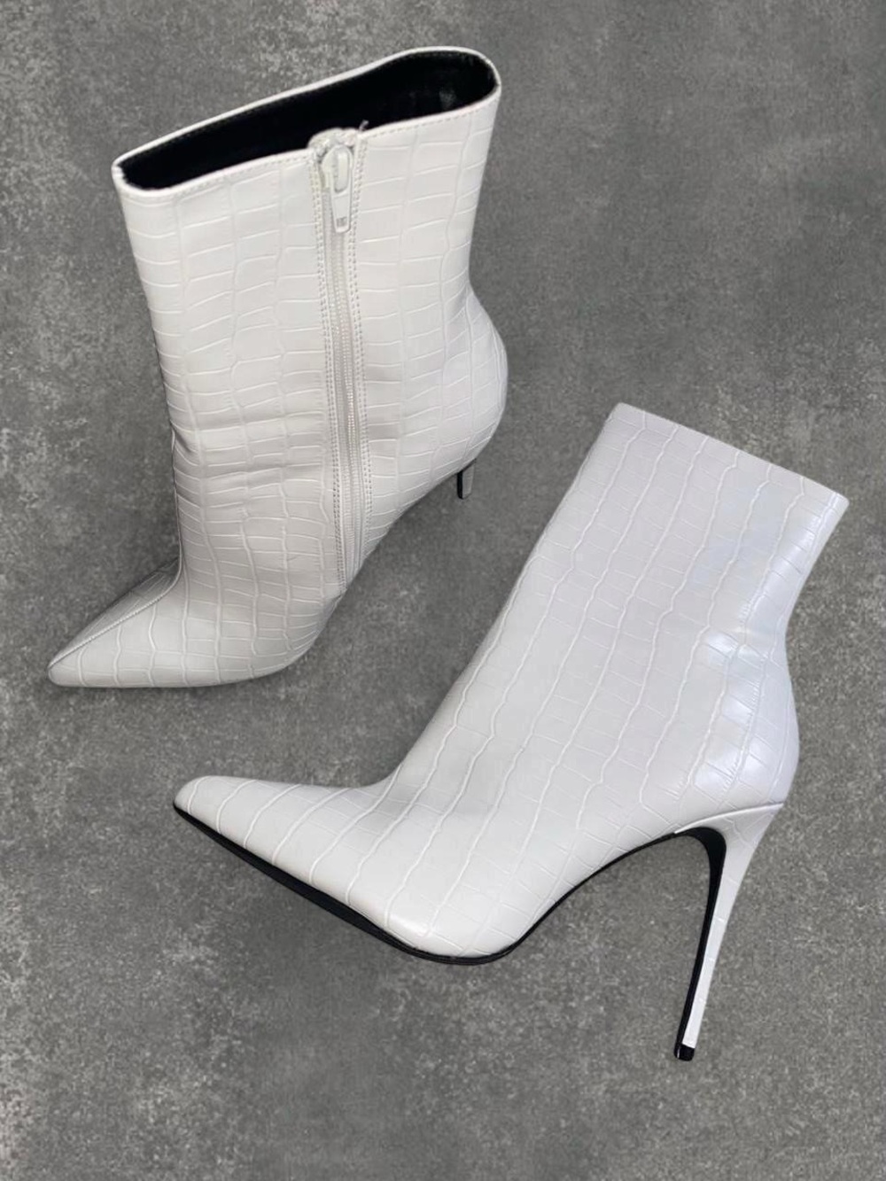 White Croc-Embossed Pointed Toe Stiletto Ankle Boots